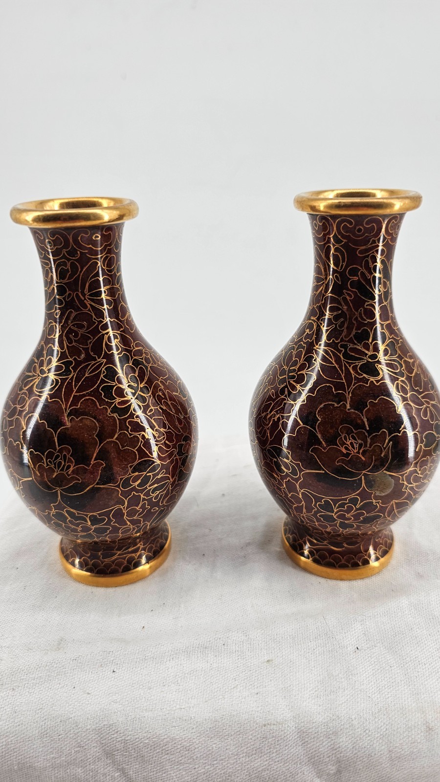 Pair Vintage Chinese Cloisonné Vases 5″ Brown & Gold Blossom Enamel w/o Stands