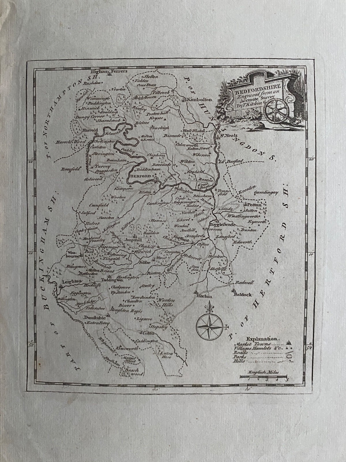 1747 (1786) Antique map – Bedfordshire – by Thomas Kitchin