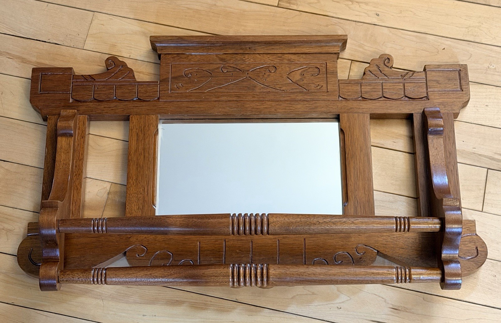 Vintage Handmade Wood Shaving Mirror w Towel Bars Ornate Stamped Hanging Vanity