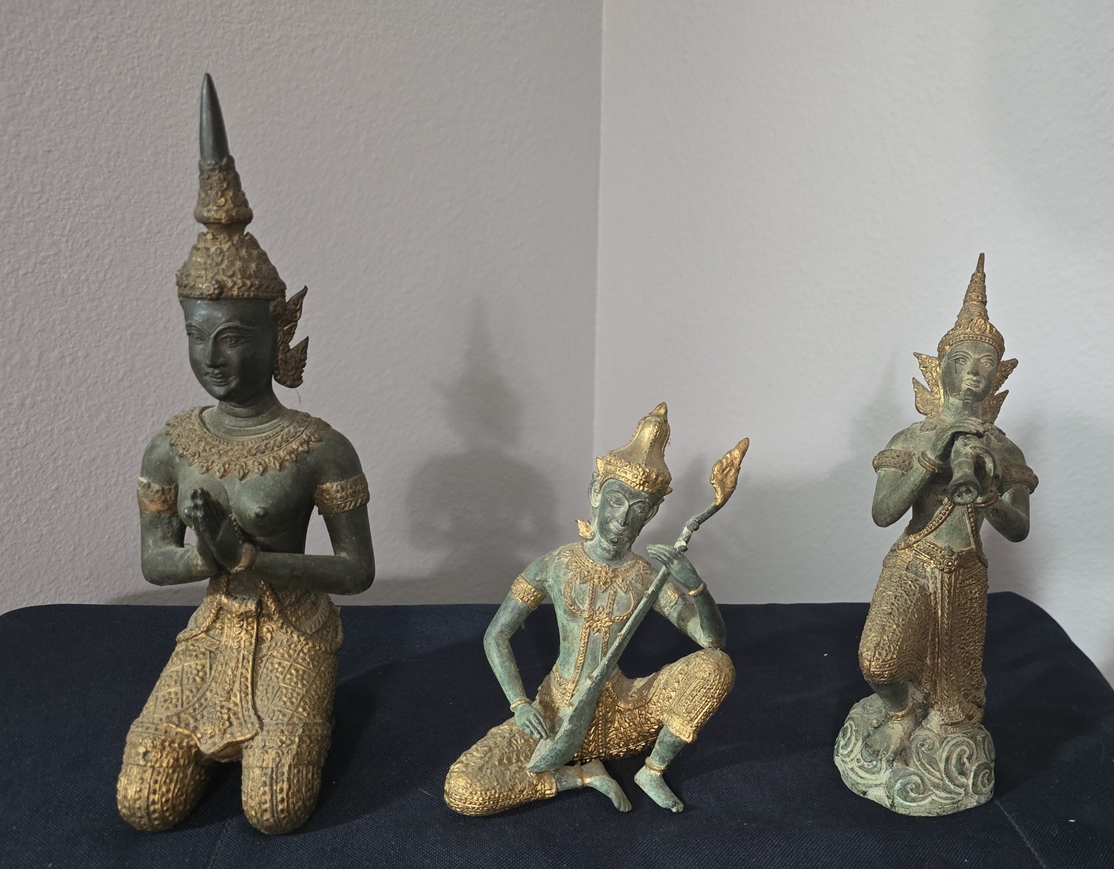 Antique Asian Gilded Gold & Bronze Singha Brass Musicians Lot Of 3 Prayer Kneel