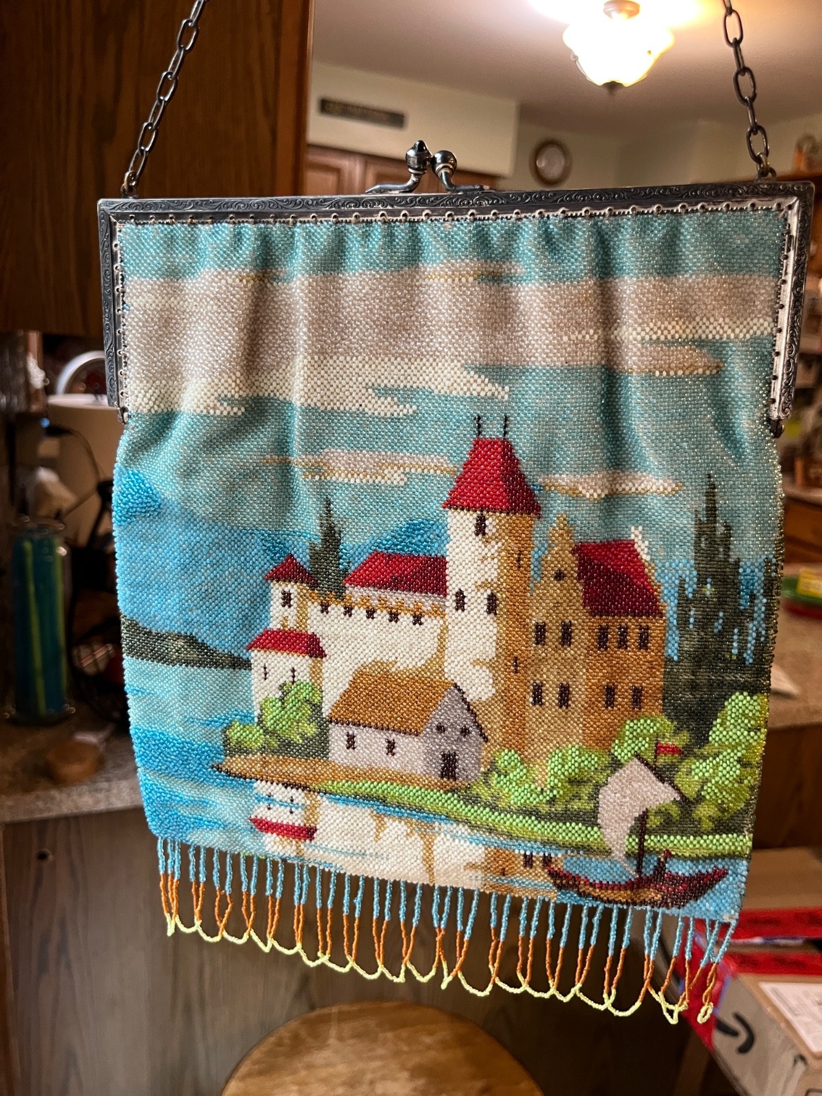 Large Antique Micro Beaded Purse Colorful Scenic Castle Victorian Bag