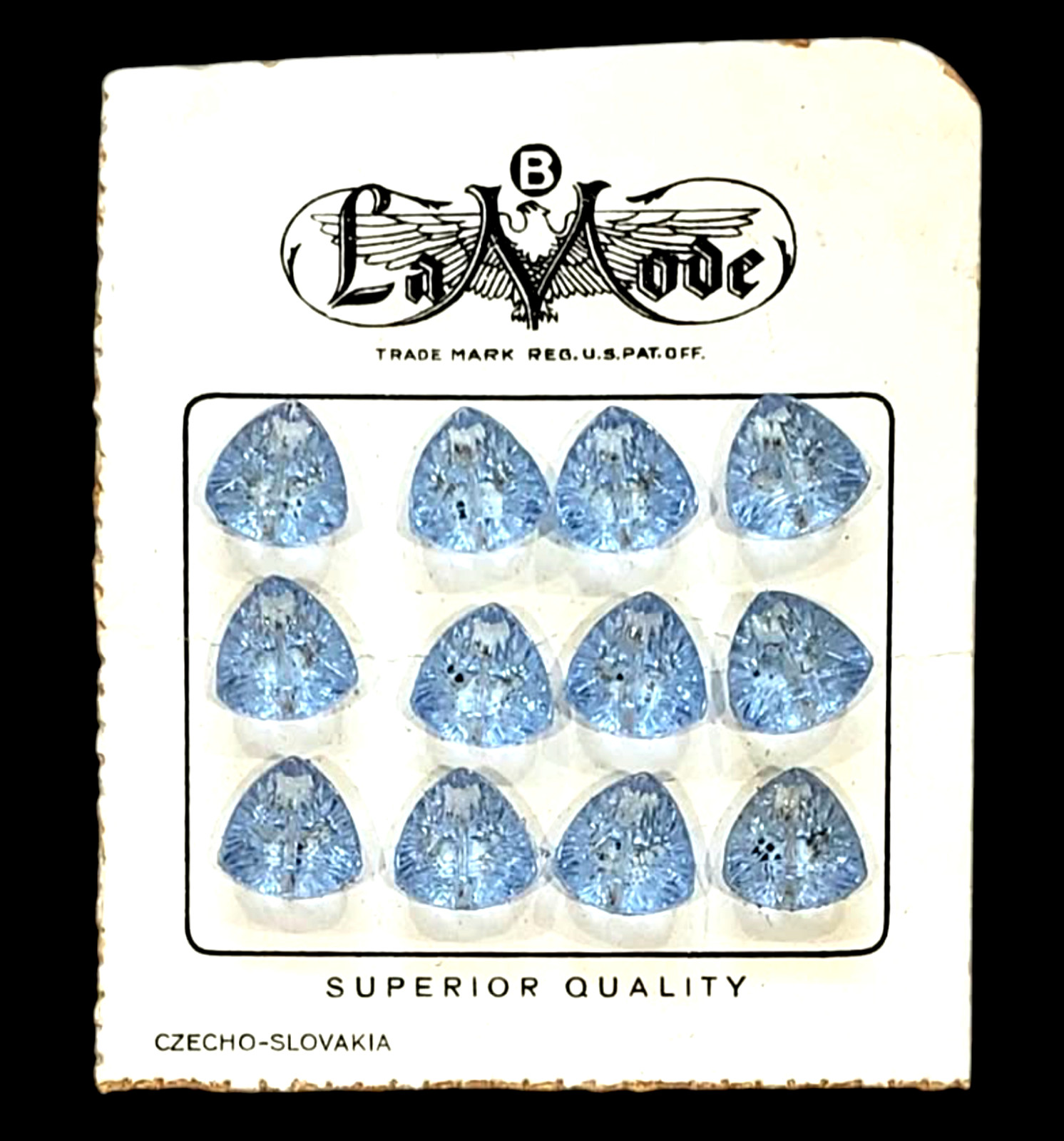 12 Ice Blue Glass Triangle Vintage Buttons on Original LaMode Store Card 30’s