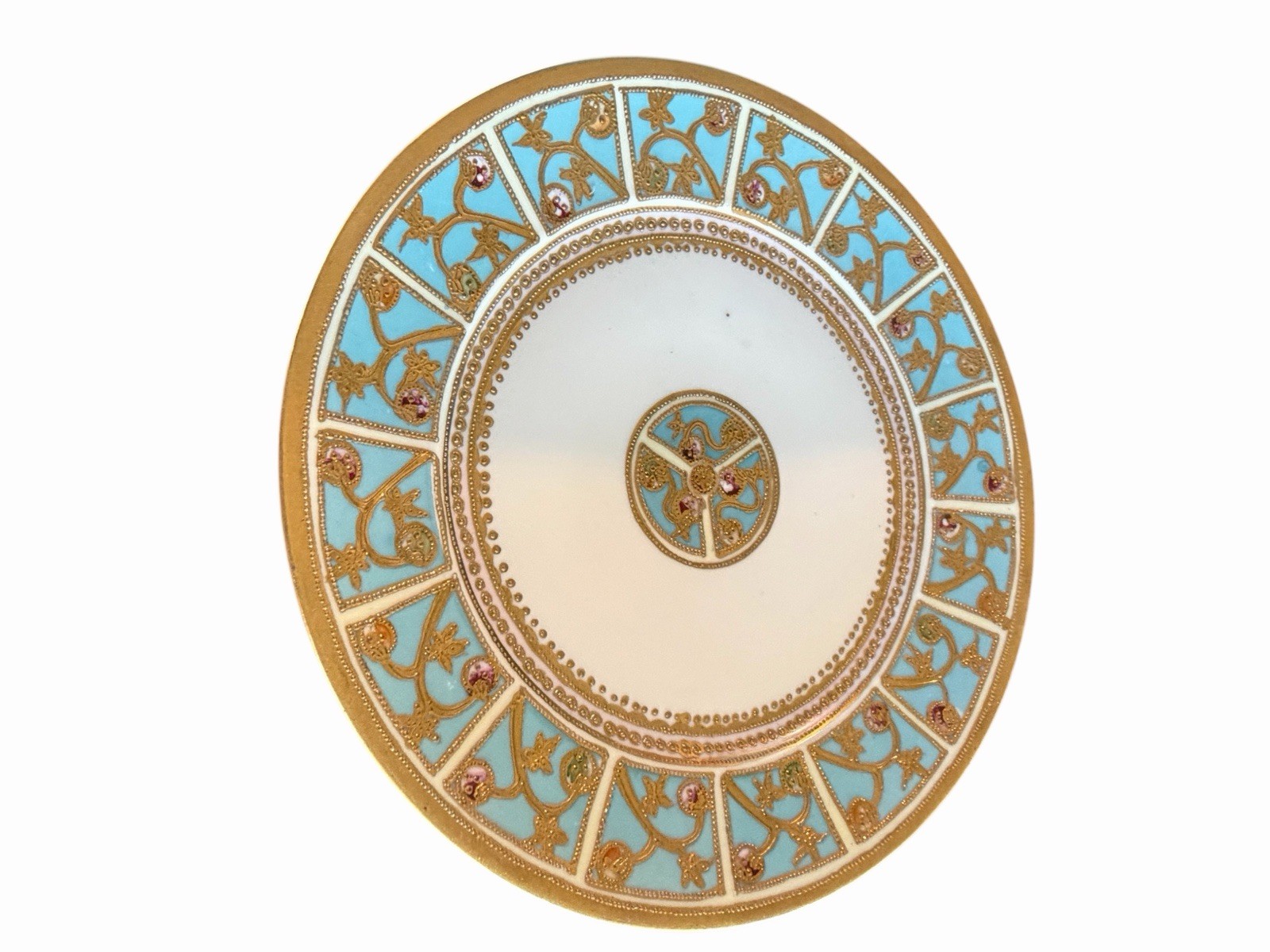 Antique Noritake Nippon Jeweled Enamel Plate Raised Gold Moriage Turquoise 8.5’