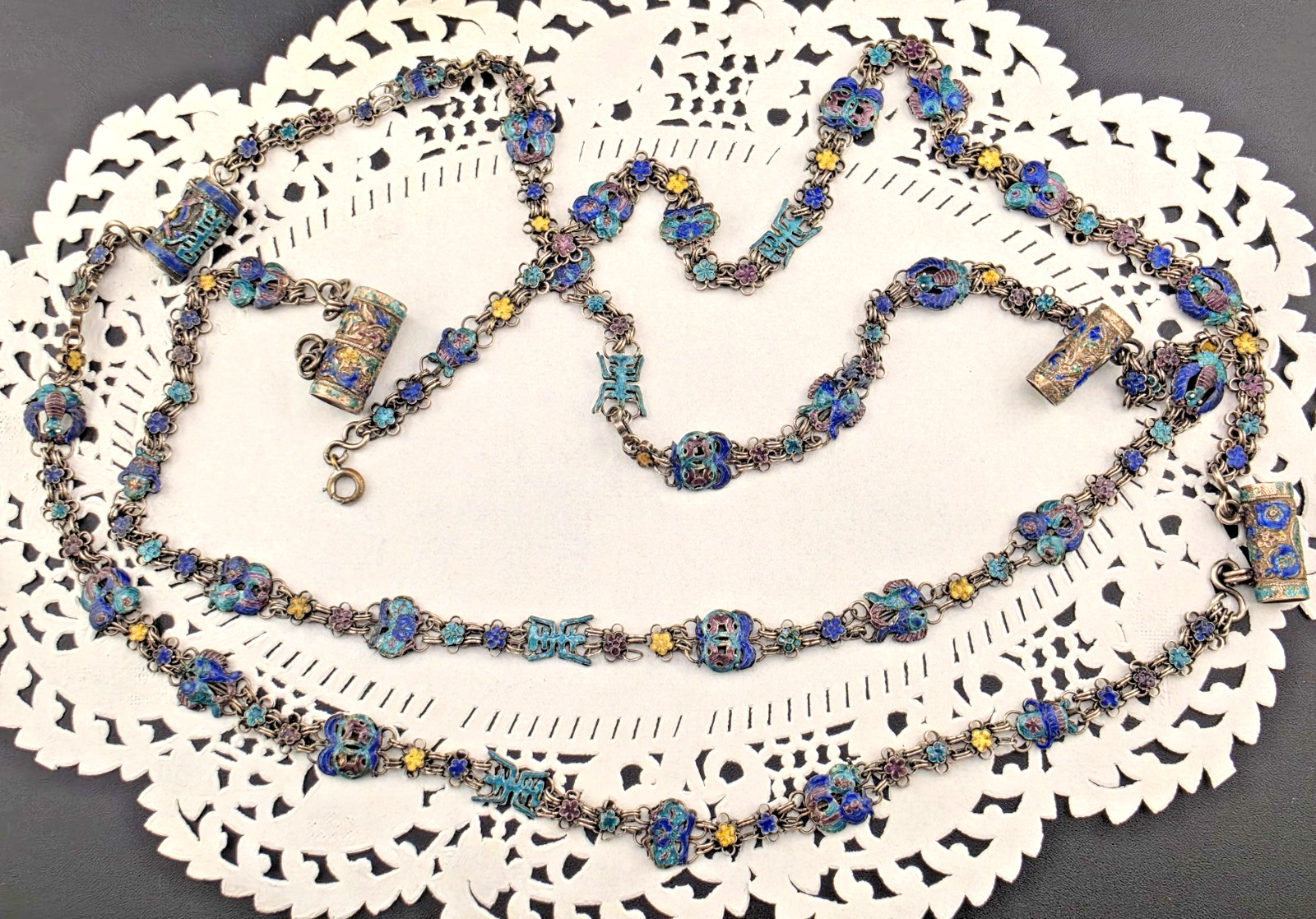 Antique Chinese Silver Cloisonne Enamel Prayer Scroll 48″ Necklace Shou Dragon