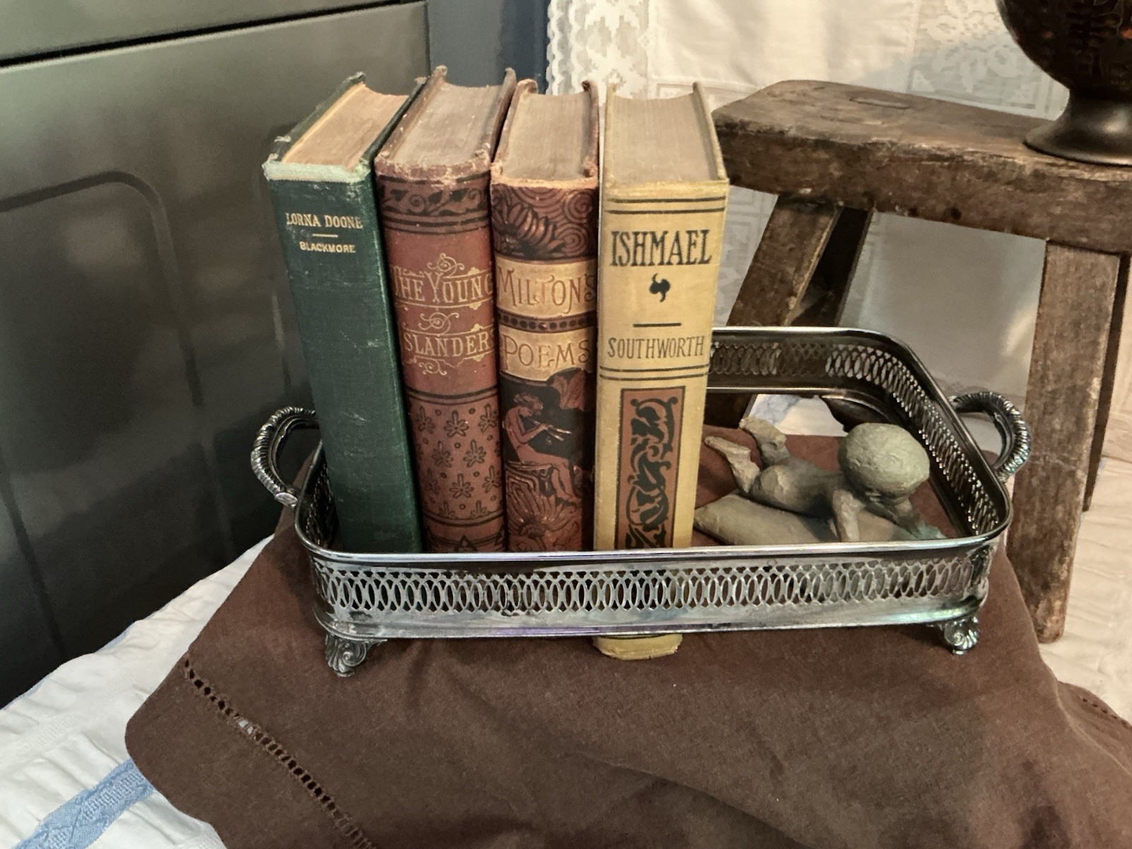 Mid Century Silver Plate Carrier For Casserole Dish, repurposed to corral stuff