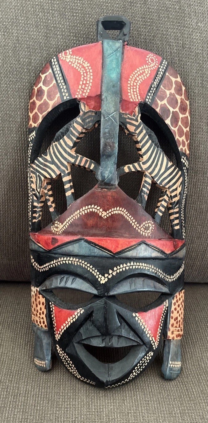 Vintage African Muhuhu Wood Mask Wall Art Kenya Hand Carved Giraffe Tribal