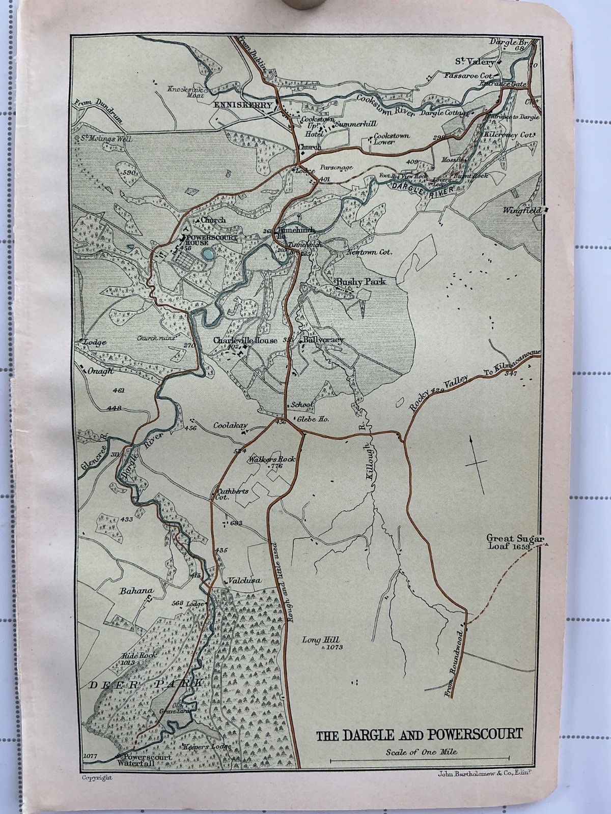 The DARGLE and POWERSCOURT – 1909 Original Antique County Map Ireland Enniskerry