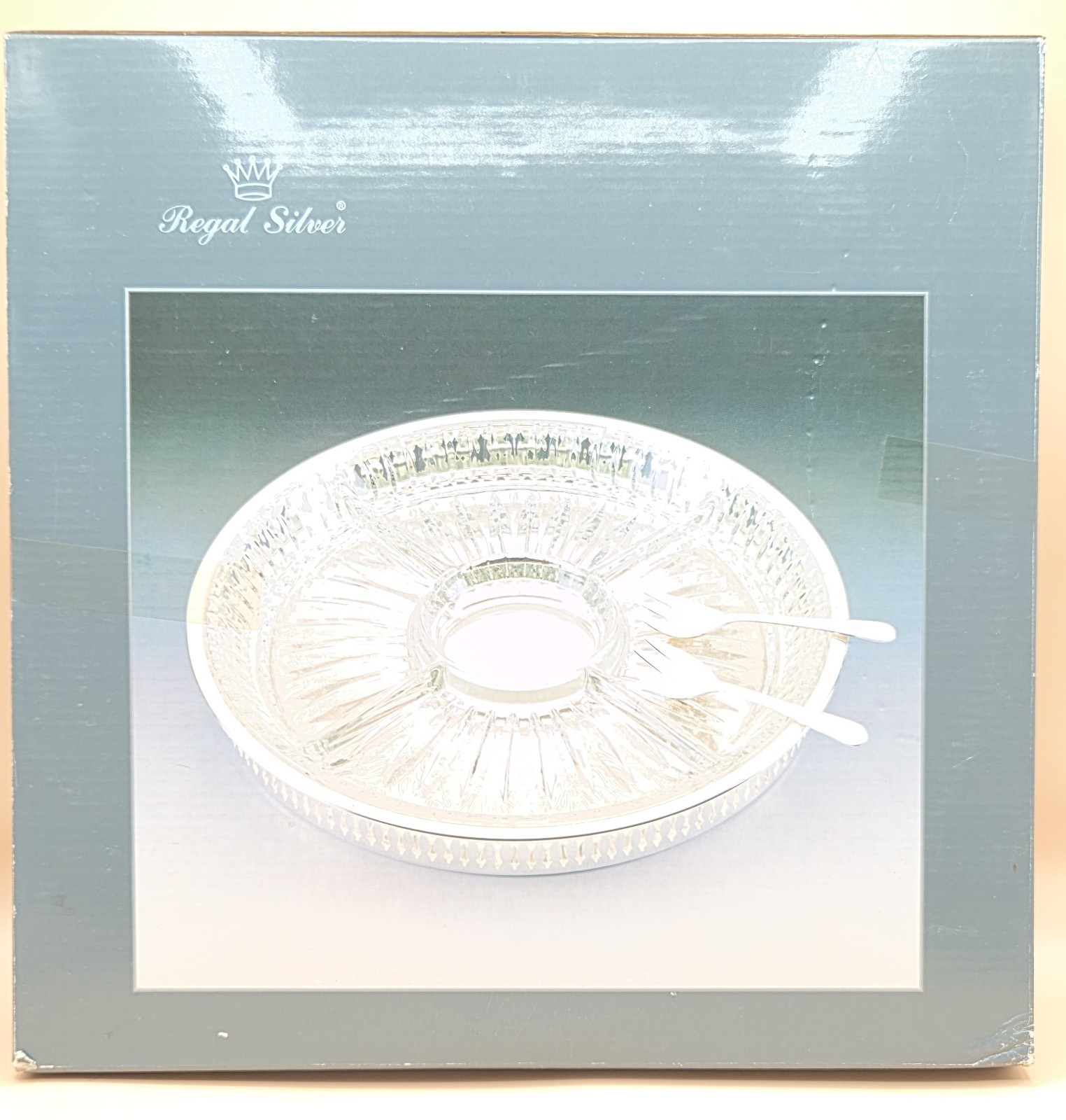 Vintage Regal Silver Section Serv Relish Dish Crystal & Silverplate Tray 1 Fork