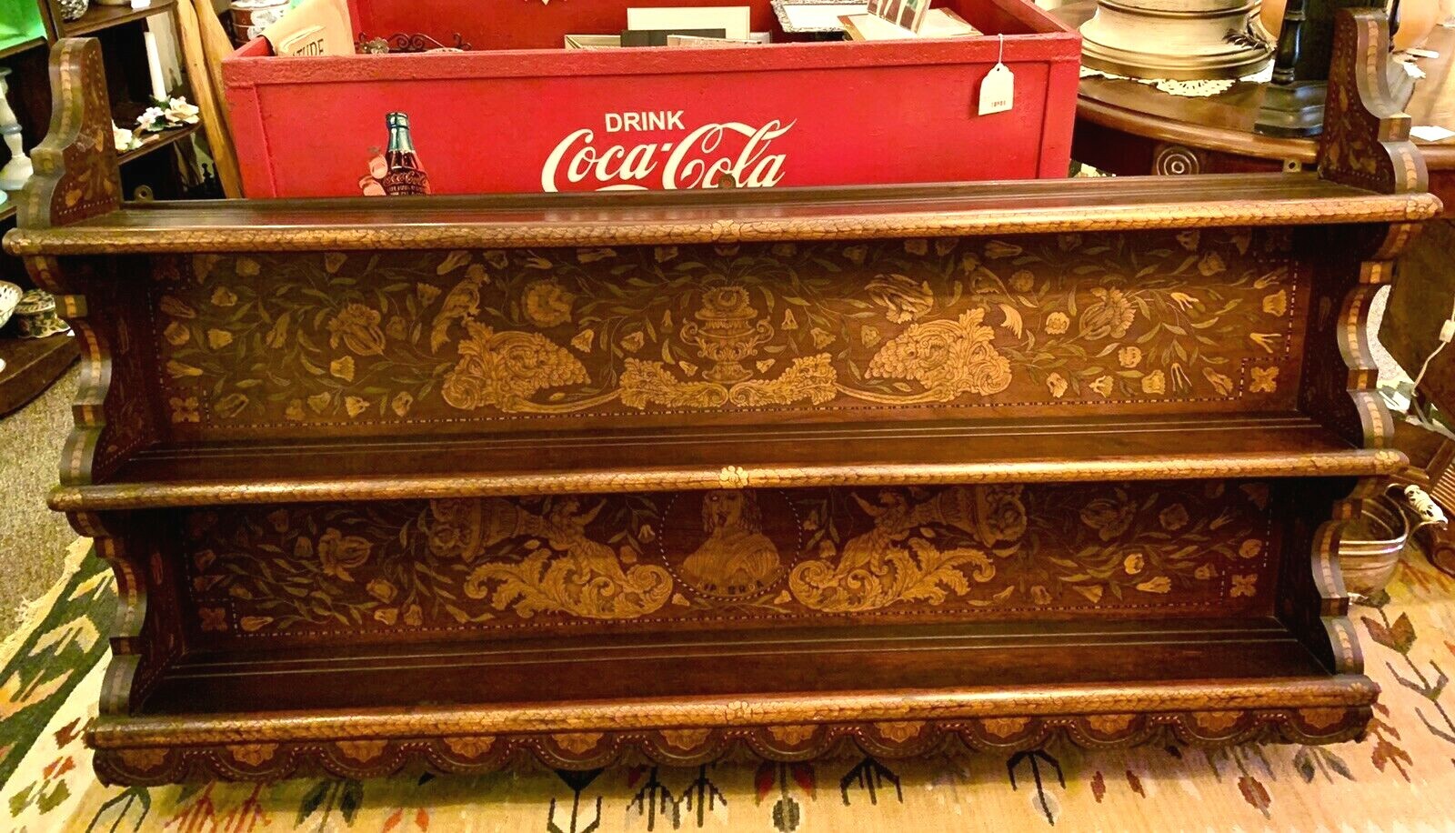 Antique, Large Wall Shelf, Incredible Inlays, Two Tiers, Duke Ripperda? 54×34 In