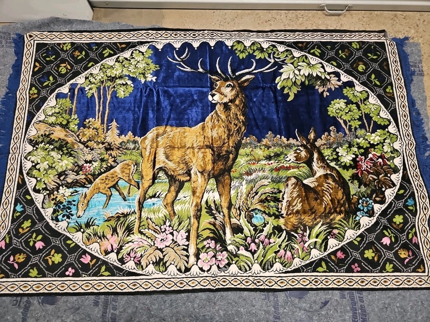 Vtg Rug Tapestry Velvet Deer Stag in the Woods Forest Scene Kitsch Decor 4×6. F6
