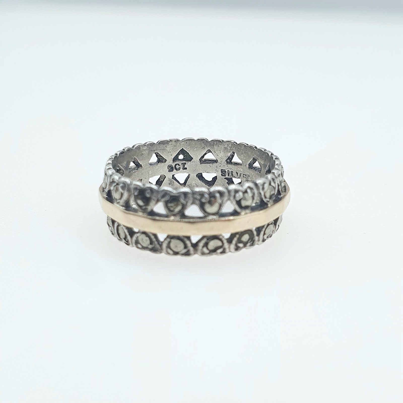Antique 9ct Gold & Silver Eternity Ring Marcasite Heart Pattern Solid 9k 9kt Art
