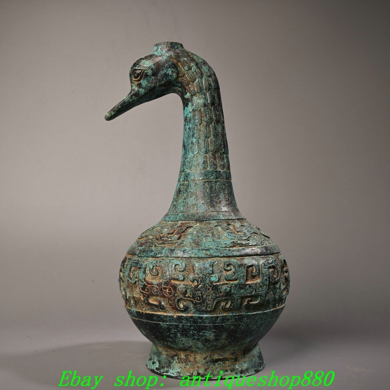 11.8″Old China Dynasty Bronze Ware Inscription Beast Face Duck Head Bottle Vase