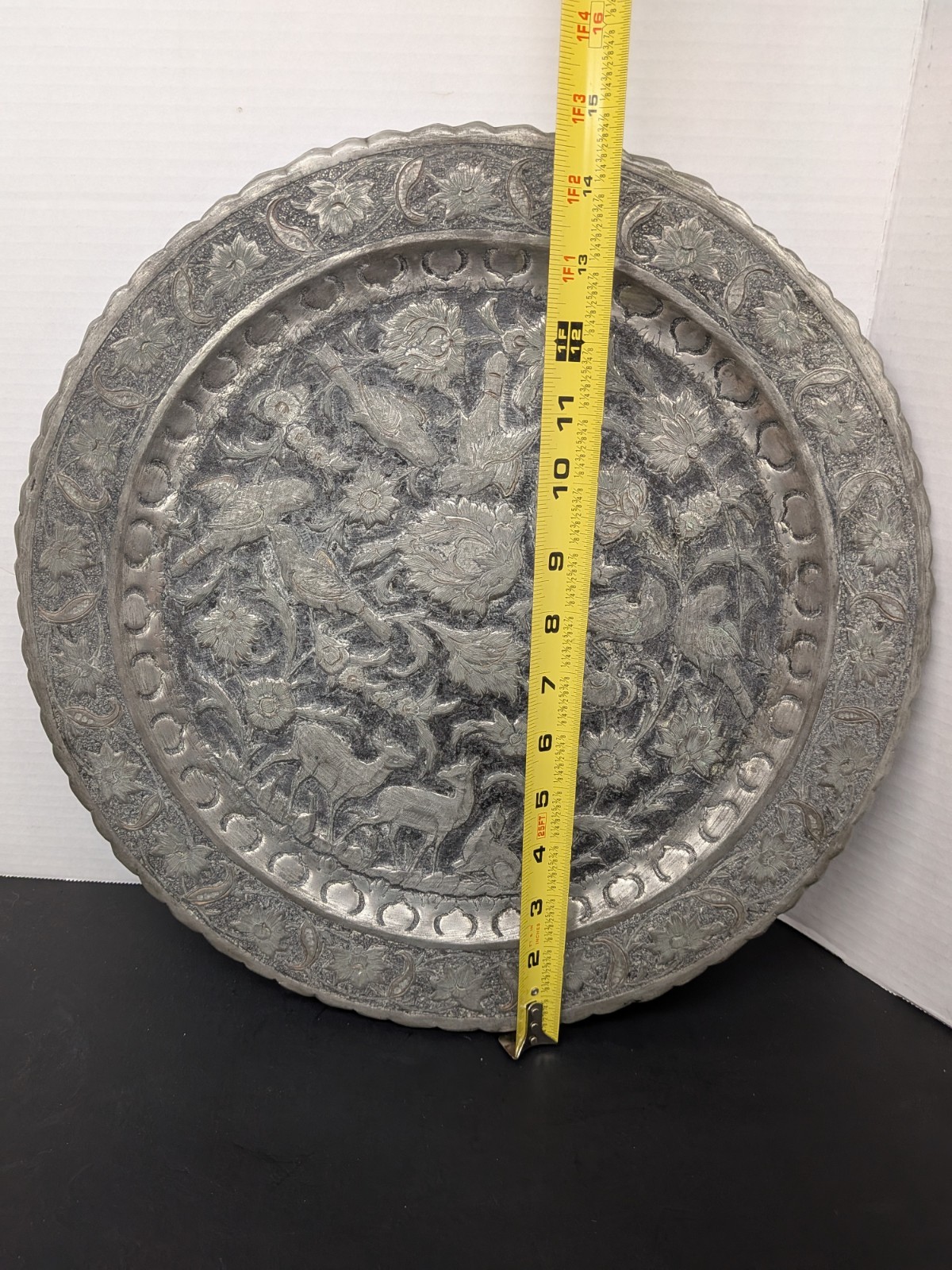 Rare Deer flora birds pattern Brass Silver Metal Middle Eastern Persian Tray 15″