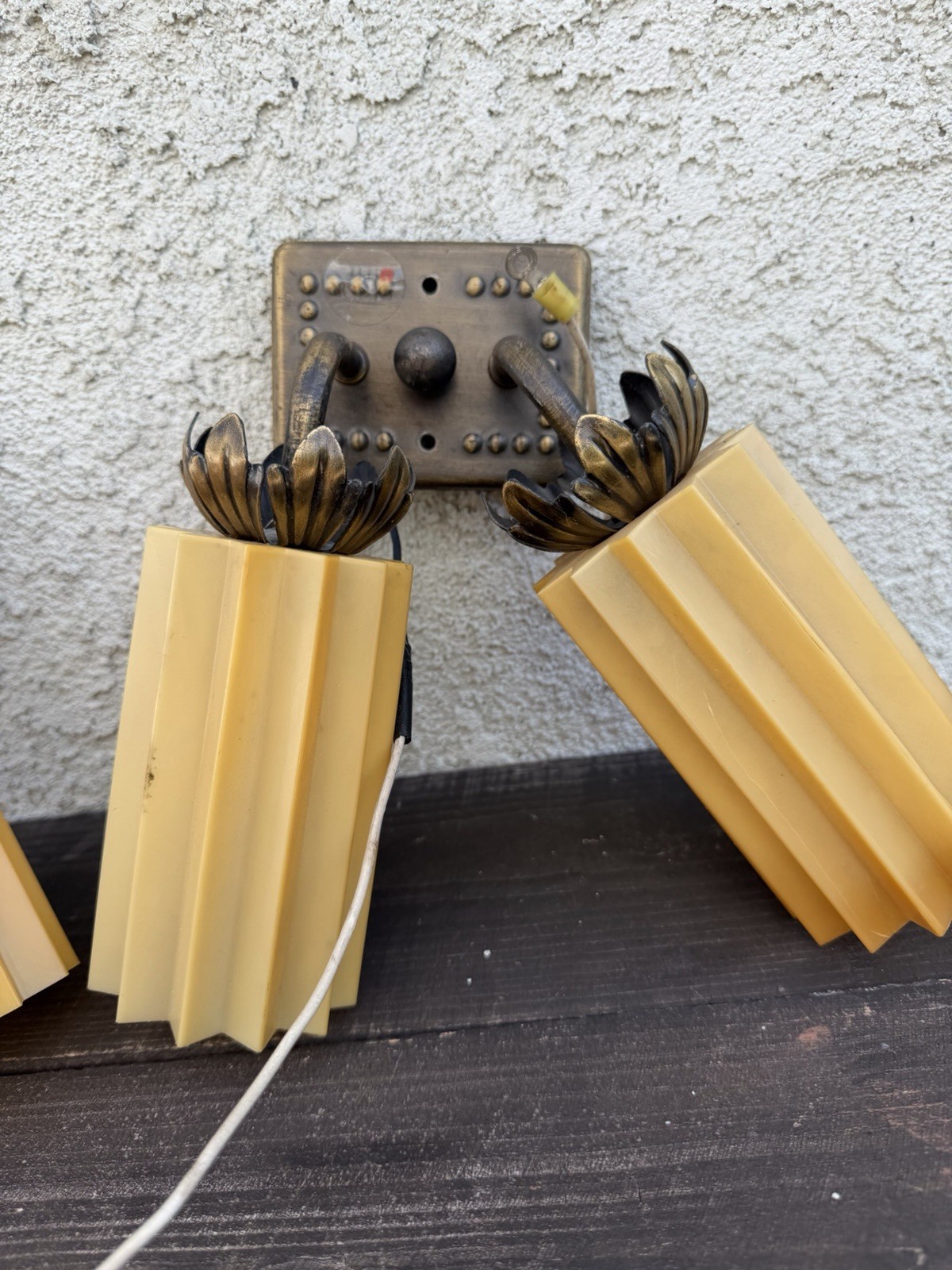 Pair Antique Vintage Art Deco Bras Ribbed Plastic Light Wall Sconces Lamps