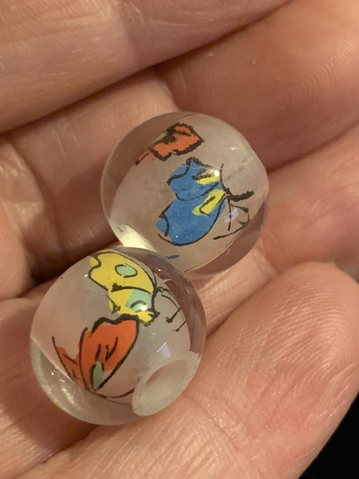 Pair of Vintage Chinese Beads Reverse Painted Glass Beads Butterflies 14mm Round