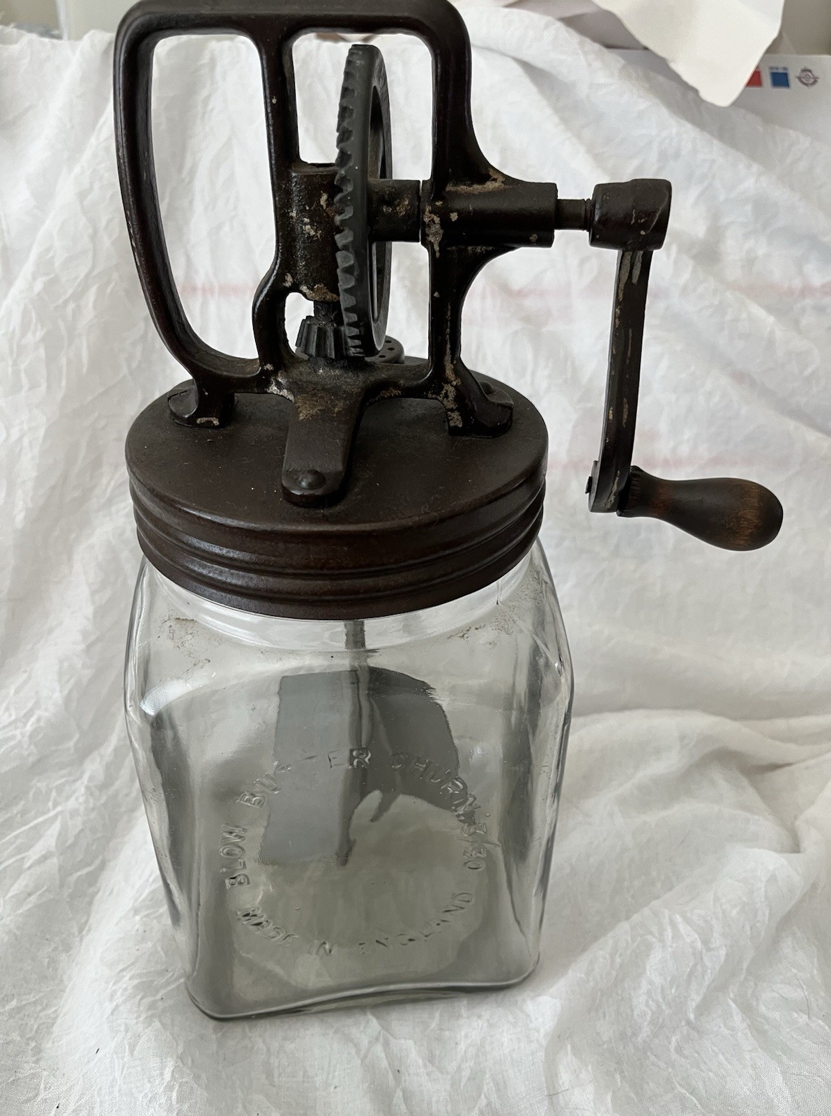 Rare Square Blow Butter Churn 3/30  made in England Metal paddle EUC WORKS!