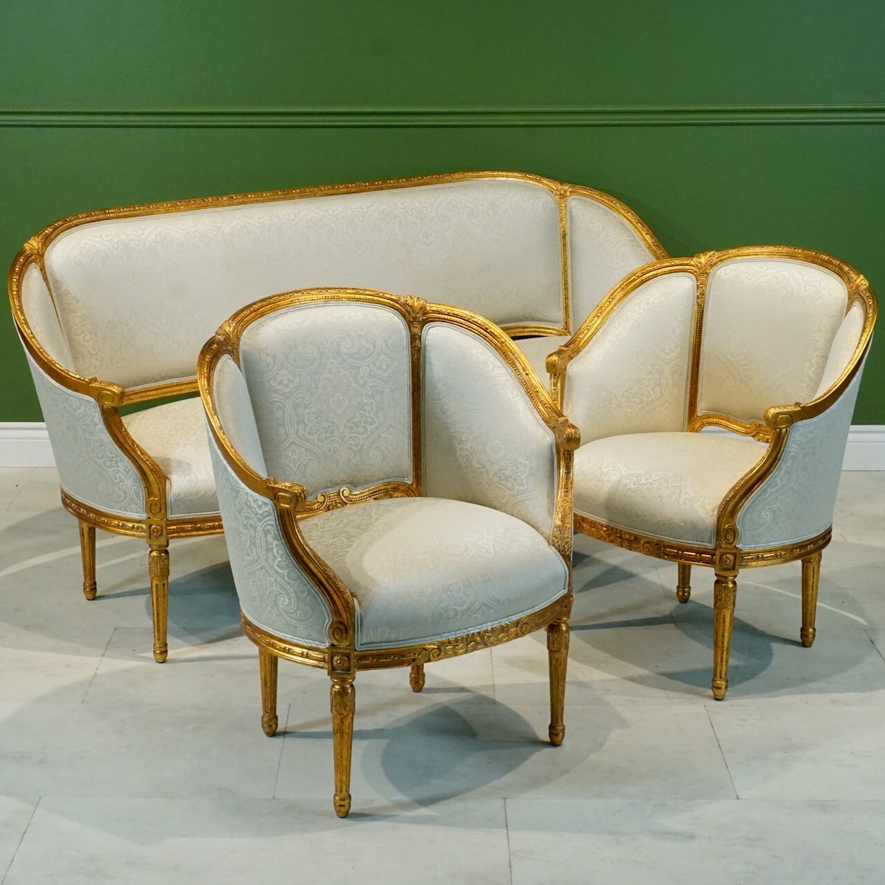 French Louis Sofa and 2 chairs antique gold leaf damask fabric