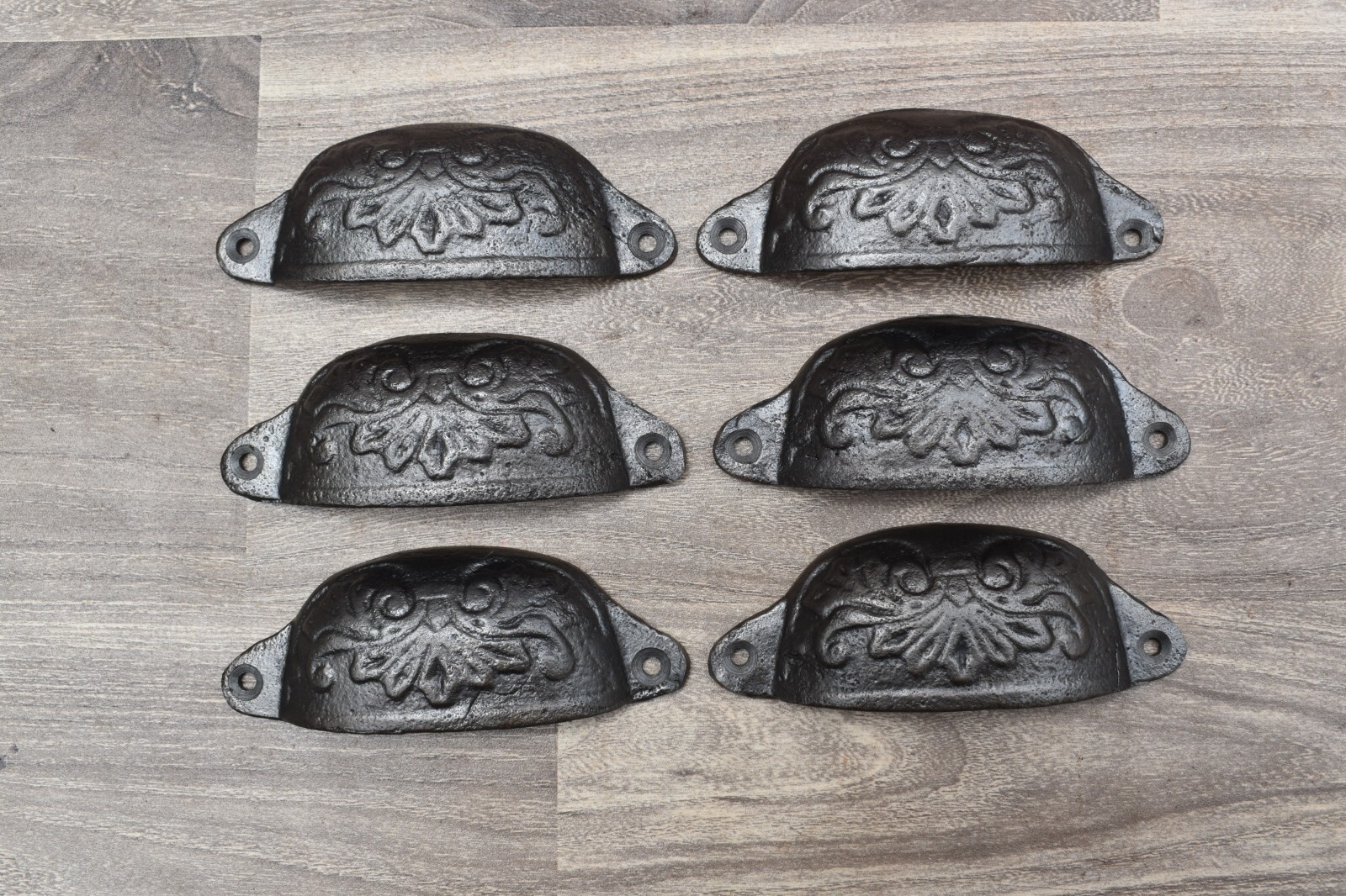 Vintage cast iron Cup Bin Pulls cabinet drawer door knobs handles pull rustic 6p