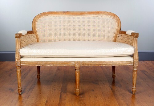 Stunning Pickled Finish Armed Cane & Linen Fabric Settee- 50”X 35”H