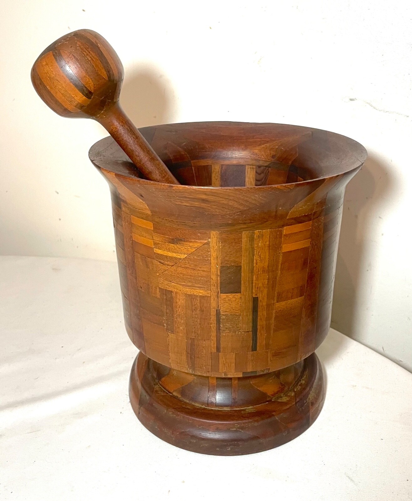 HUGE rare antique hand made turned carved wood marquetry mortar and pestle large