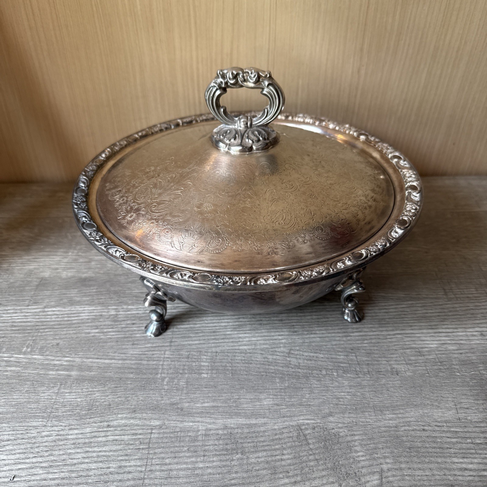 Vintage WM Rogers Silver Plated Footed Vegetable Bowl Victorian Rose 1960s #1935