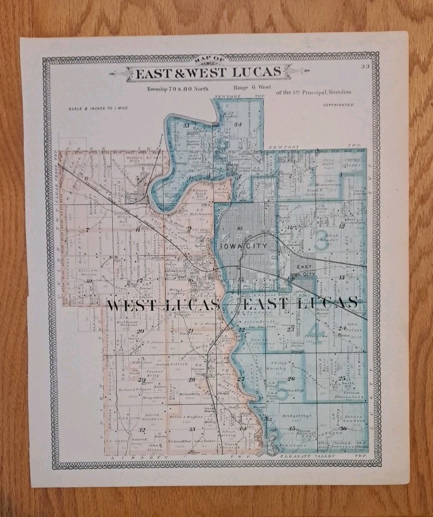 1900 Map of Iowa City IA Towships 79 & 80 East West Lucas Antique 17 x 15″ NICE