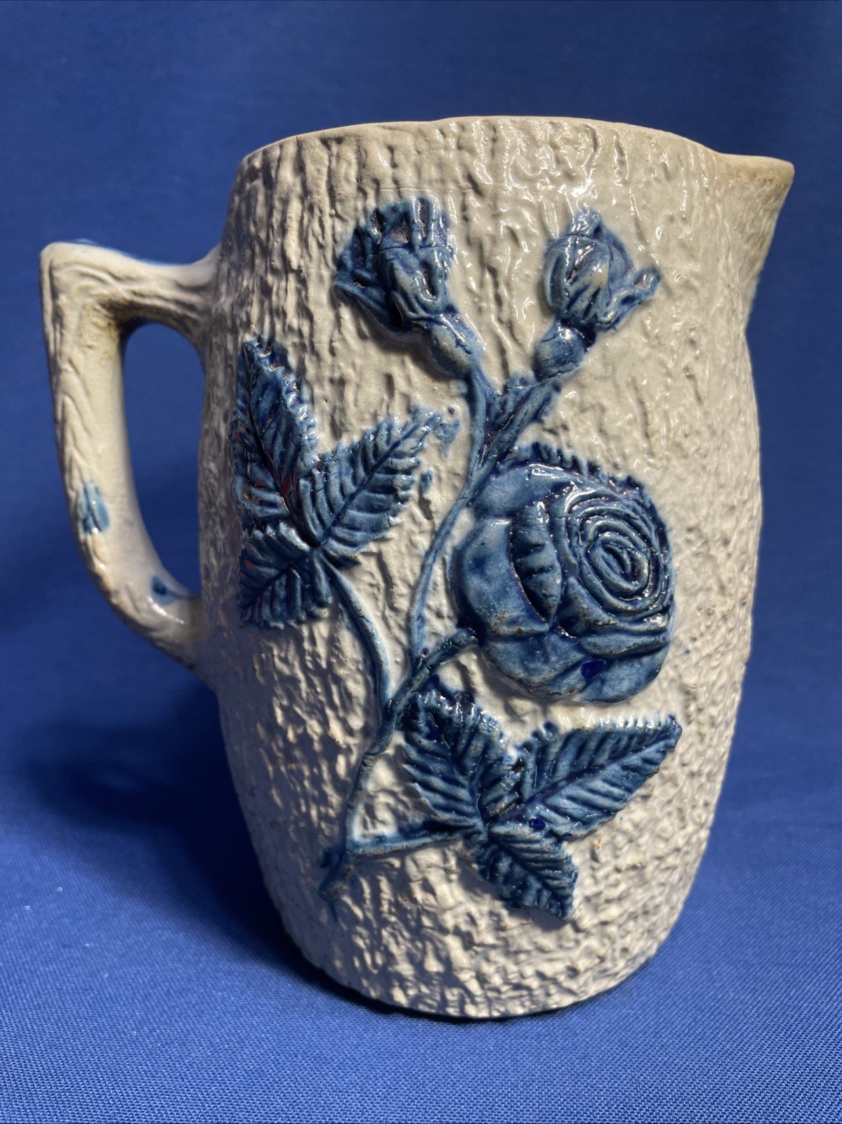 Blue & Grey Flemish Ware Whites Utica Roses Pitcher Stoneware New York NY 6.75″