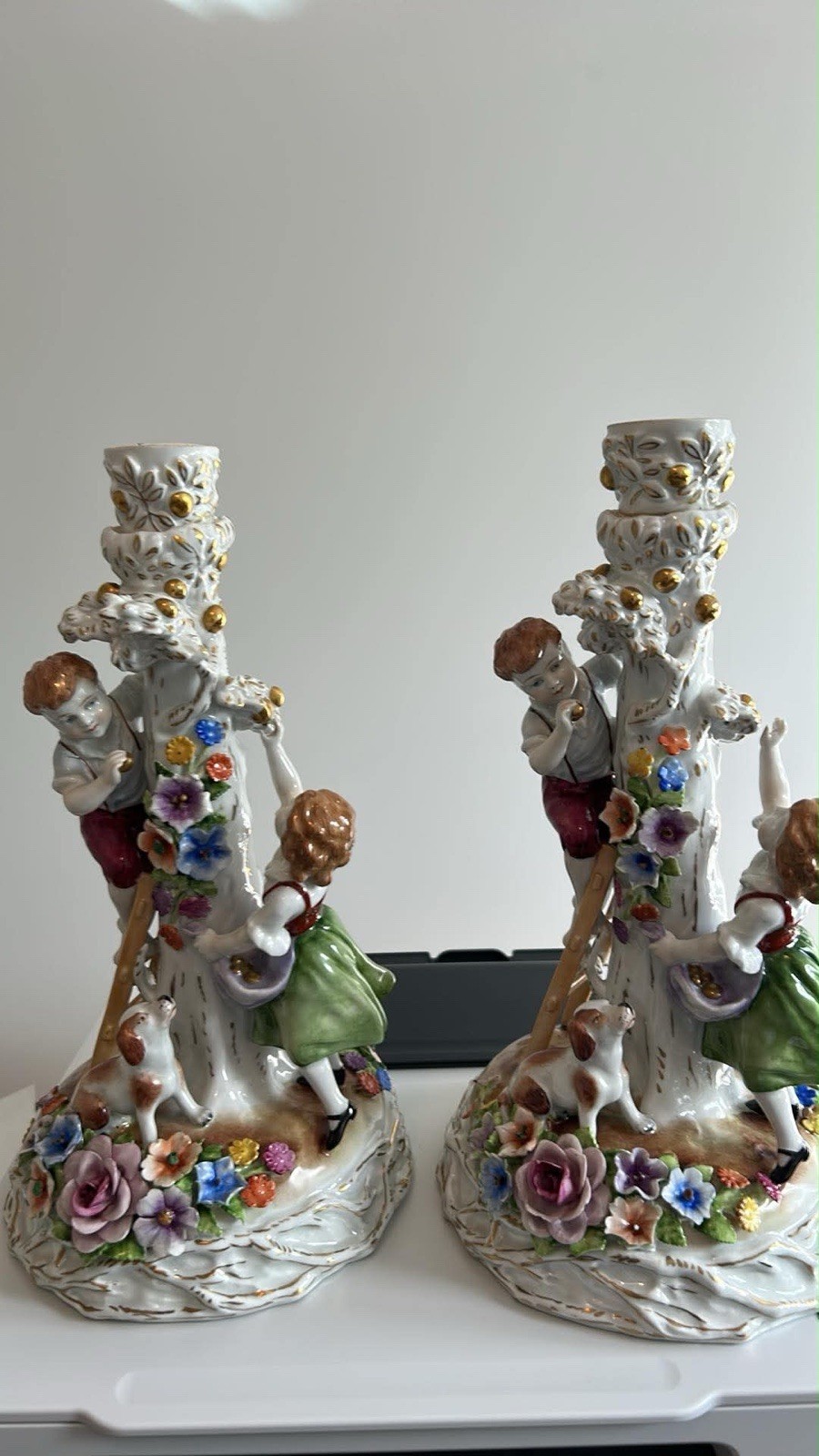 Pair Dresden Hand Painted Porcelain Figural Candlesticks Children Dog Germany