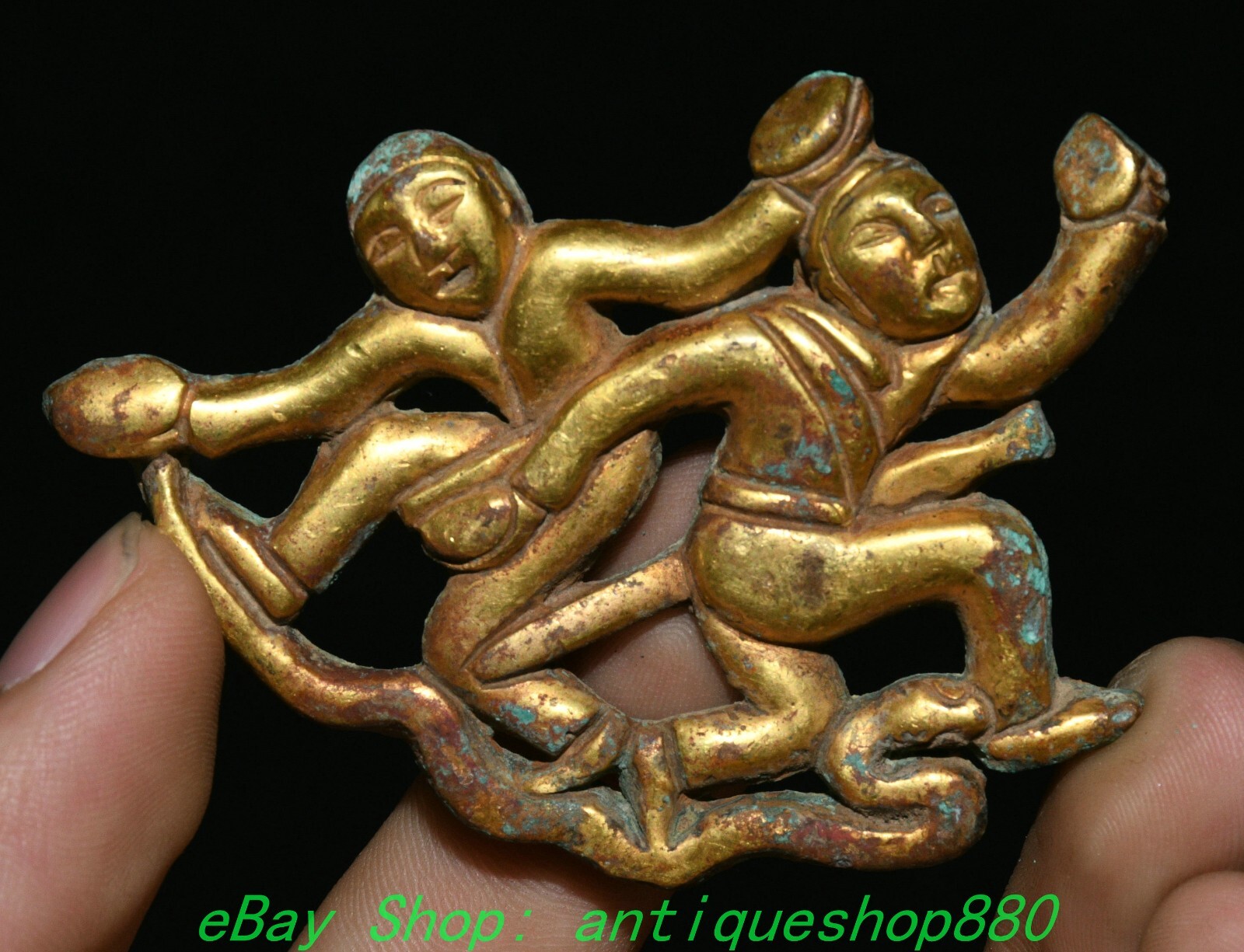 2.7”Old China Bronze Ware 24K Gold Gilt Dynasty Double People Person Sculpture