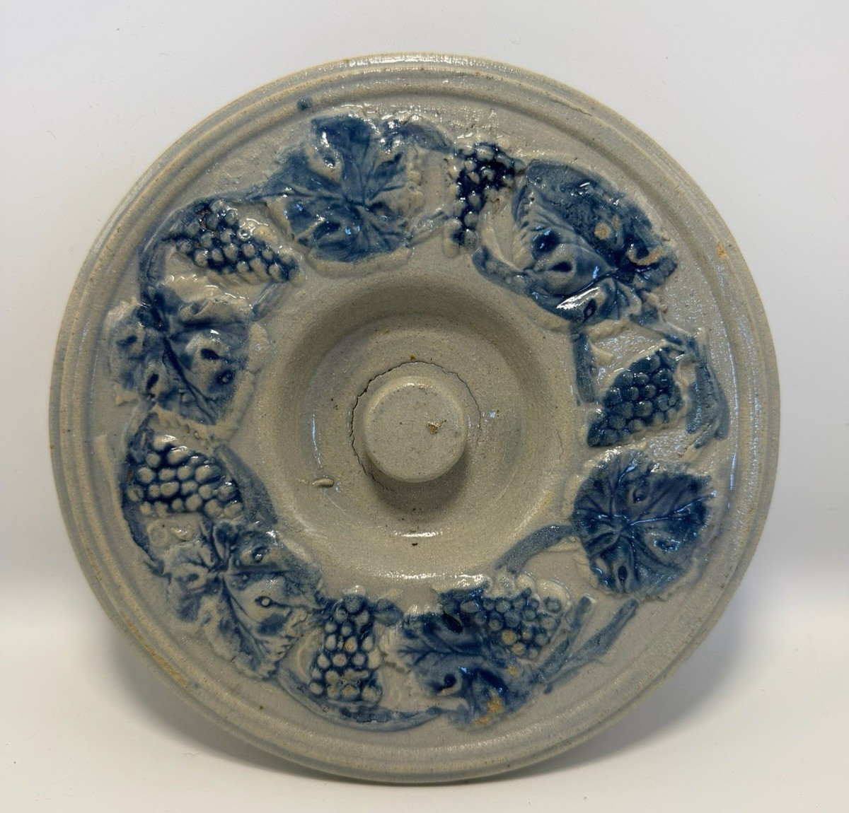 Antique Blue & Grey Clay Blue Grapes Leaf Pattern Stoneware Lid REPLACEMENT ONLY