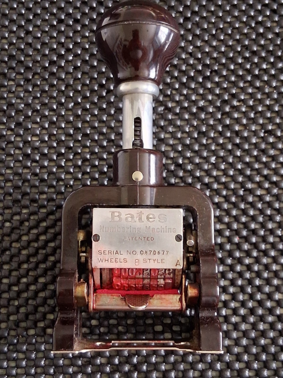 Vintage Antique Bates Automatic Numbering Machine 8 Wheels Style A Used RED INK