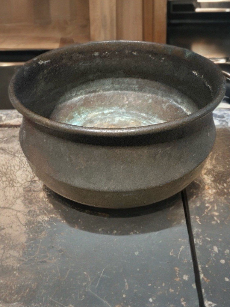 Antique Indian Bronze Footed Cookware Pot Handi Urli Planter Bowl Patina 6.5″