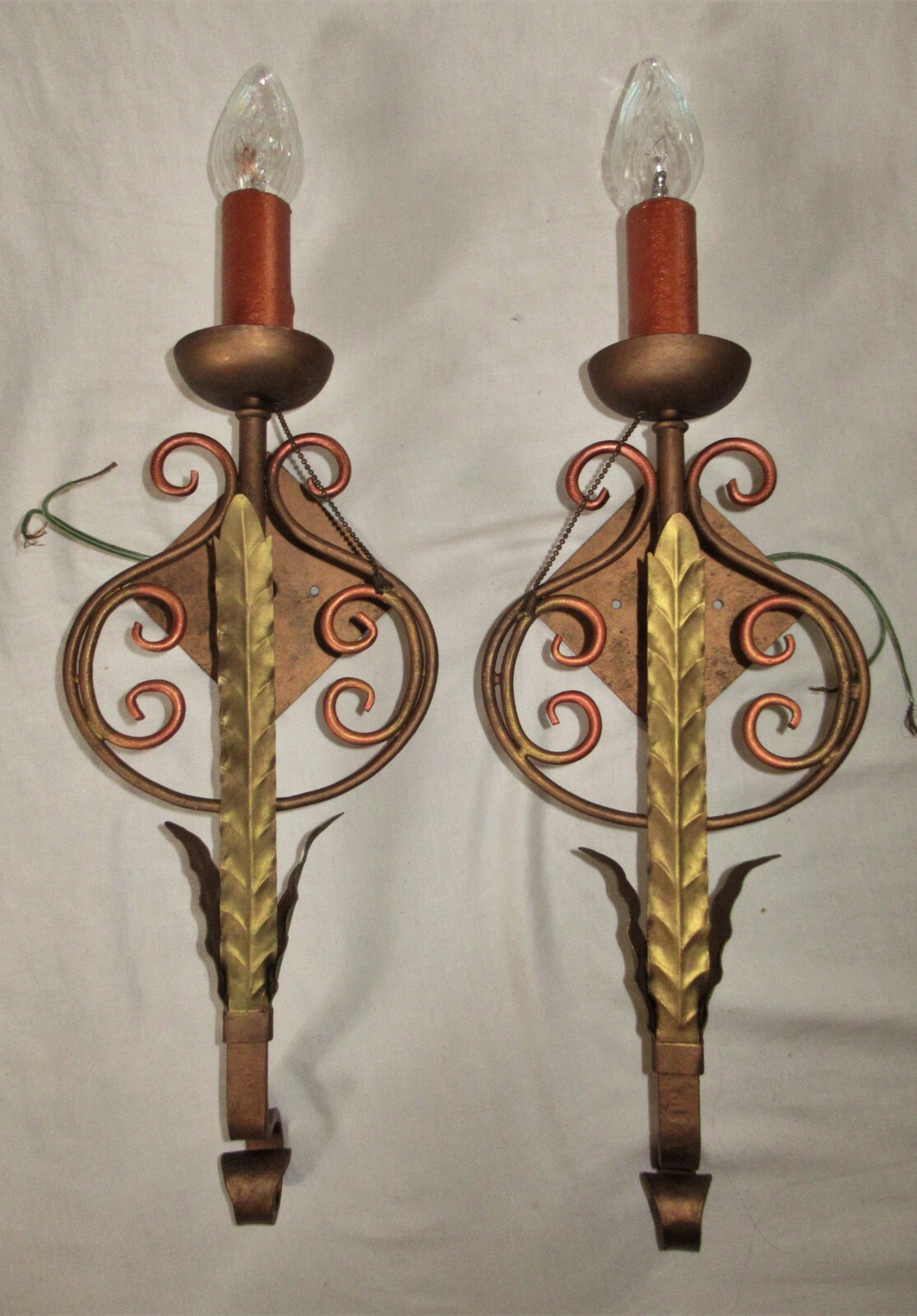 2 (PAIR) ANTIQUE WROUGHT IRON SCONCES CHANDELIER WALL FIXTURES 1930’s