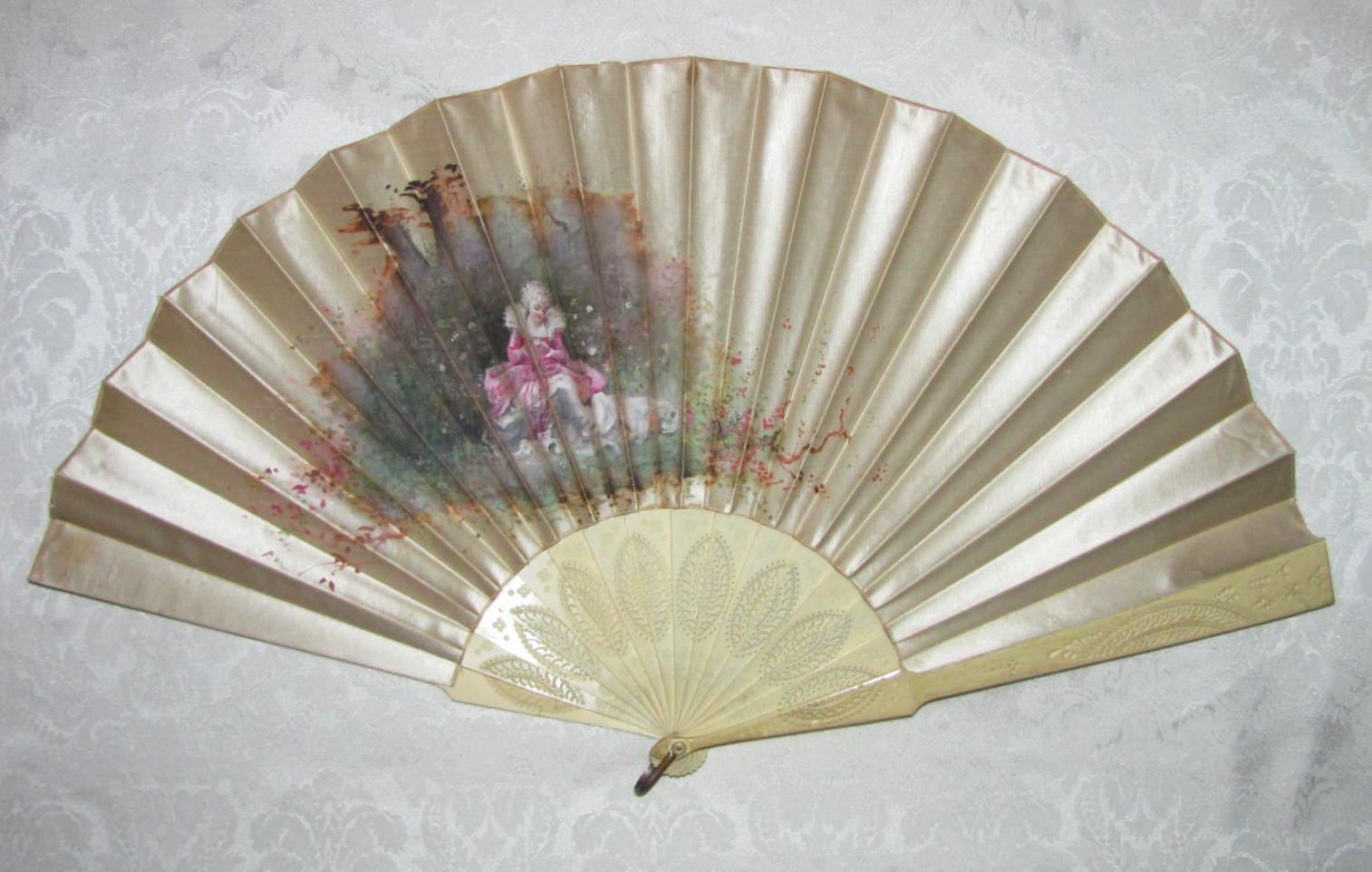 Antique Victorian Fan Hand Painted Satin Leaf Bone Sticks 1880’s