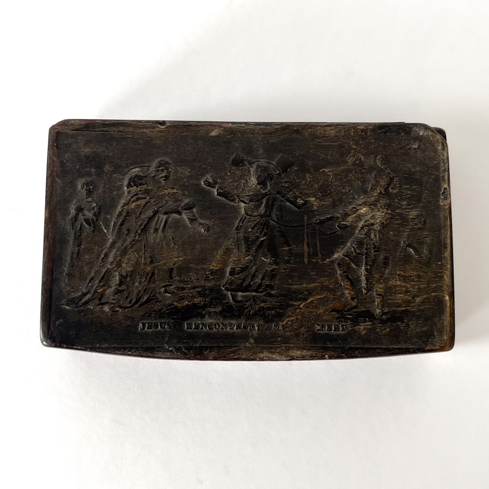 19th Century Carved Horn Snuff Box Religious Scene Jesus Meets His Mother