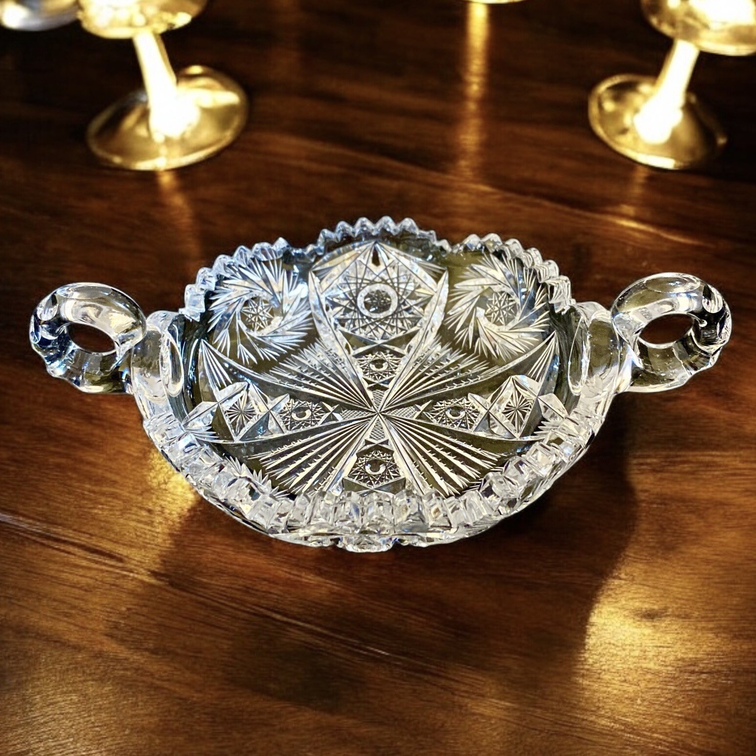 American Brilliant Period Double Handled Trinket Dish Cut Glass Antique READ