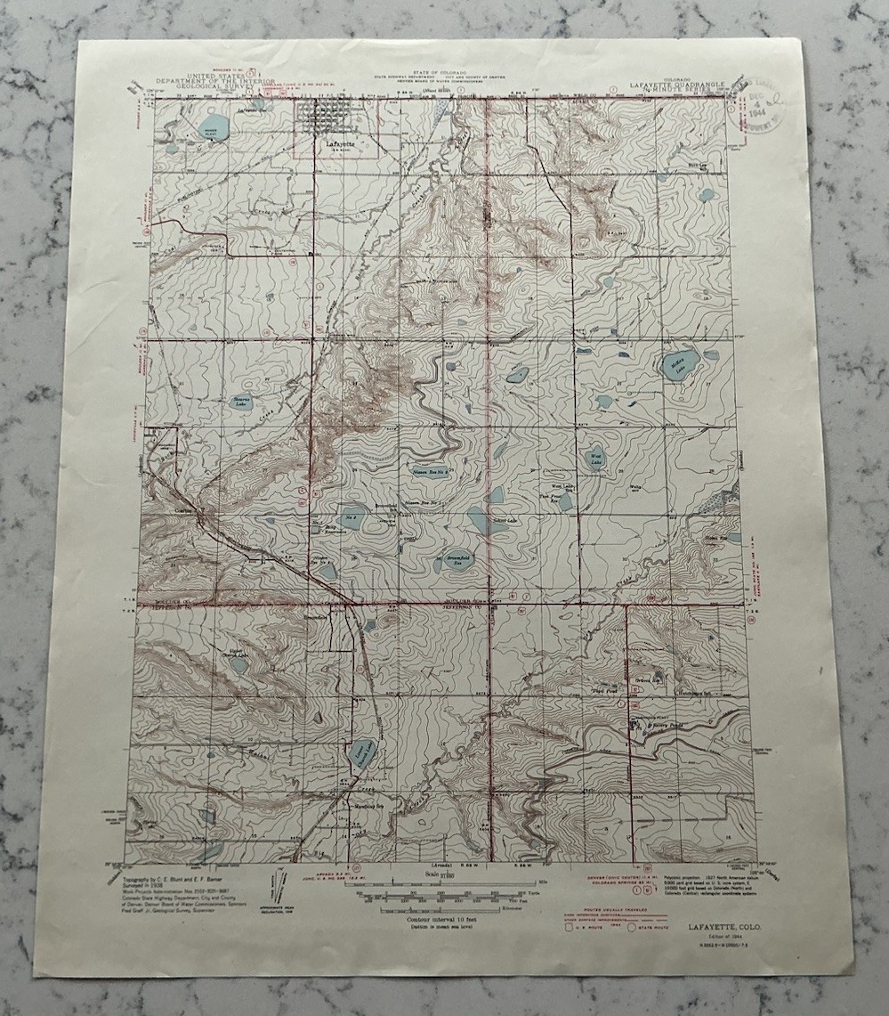 VINTAGE LAFAYETTE COLORADO GEOLOGICAL SURVEY TOPOGRAPHICAL MAP 1944 USGS WW2 ERA