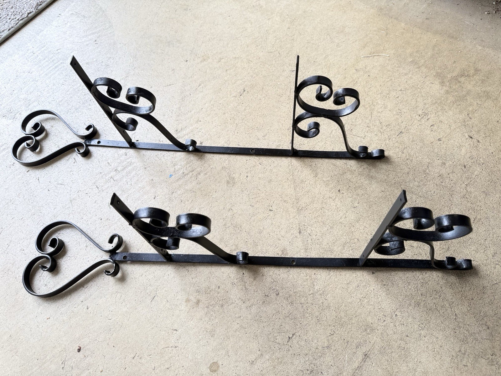 Pair Of Large Decorative Wrought Iron Shelf Brackets Black 26.5” T Cottagecore
