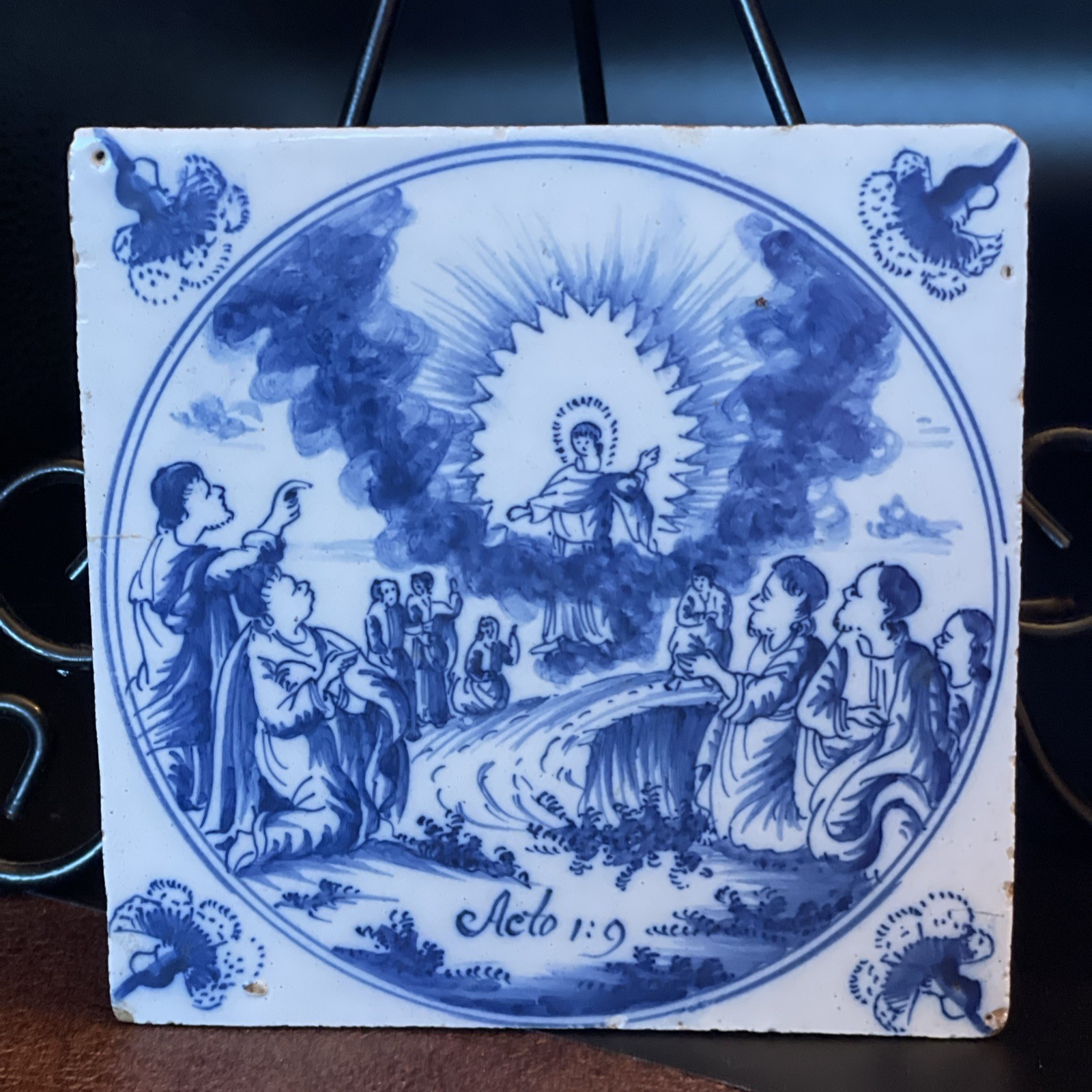 Jesus Dutch Delft blue biblical tile 18th C. Christian Acts Acto 1:9 Antique Old