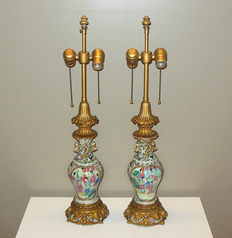 Superb Pair Antique Famille ROSE MEDALLION CHINESE LAMPS hndpntd Enamel Ormolu