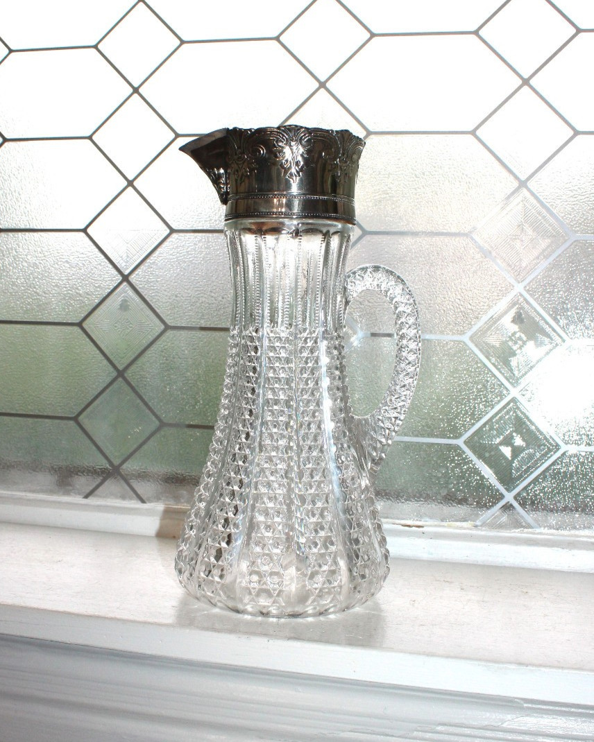 Antique Diamond Glass Wine Pitcher with Victorian Silverplate Repousse Mount