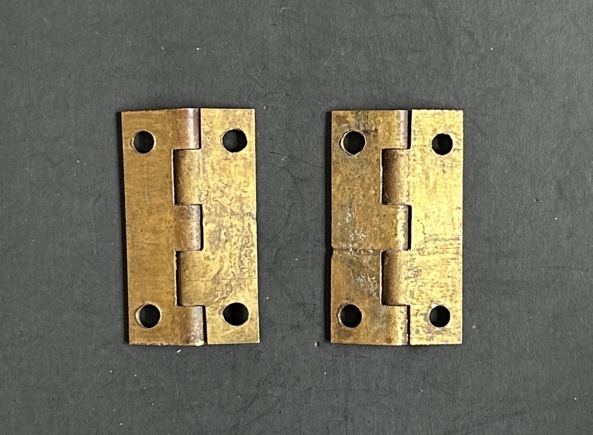 #1982–TWO (2) Vintage Solid Brass 4-Hole Narrow Hinges 13/16” w. x 1 1/2” h.