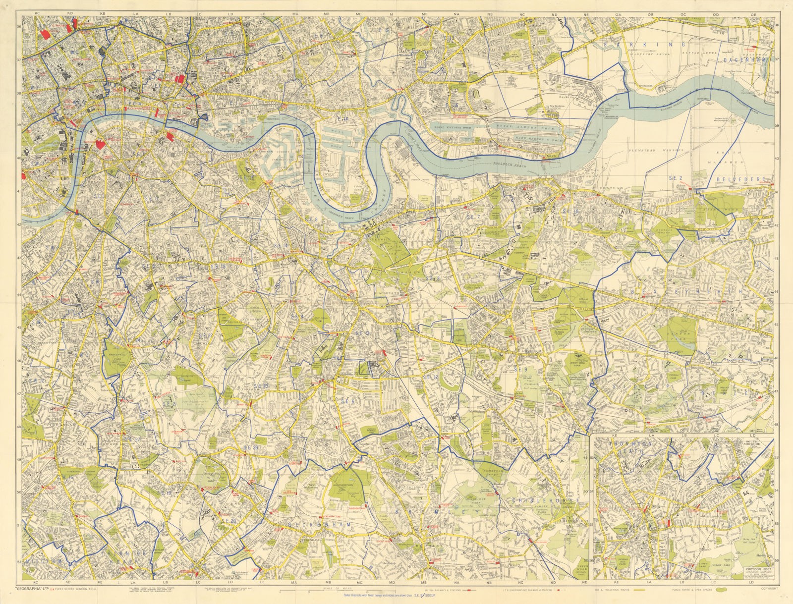 Geographia Greater London Plan – South East Sheet 79x104cm c1965 old map