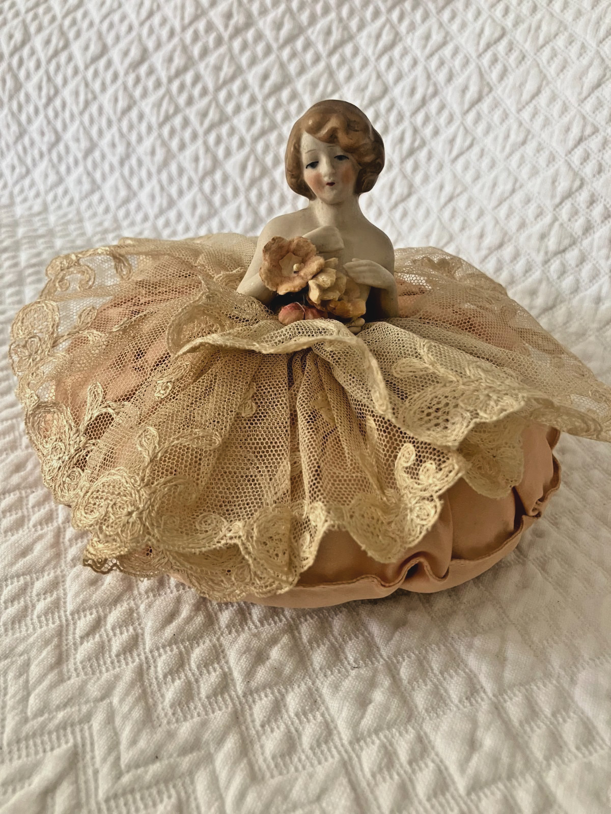 Antique Half Doll Arms Away Silk Satin & Lace Pin Cushion Germany