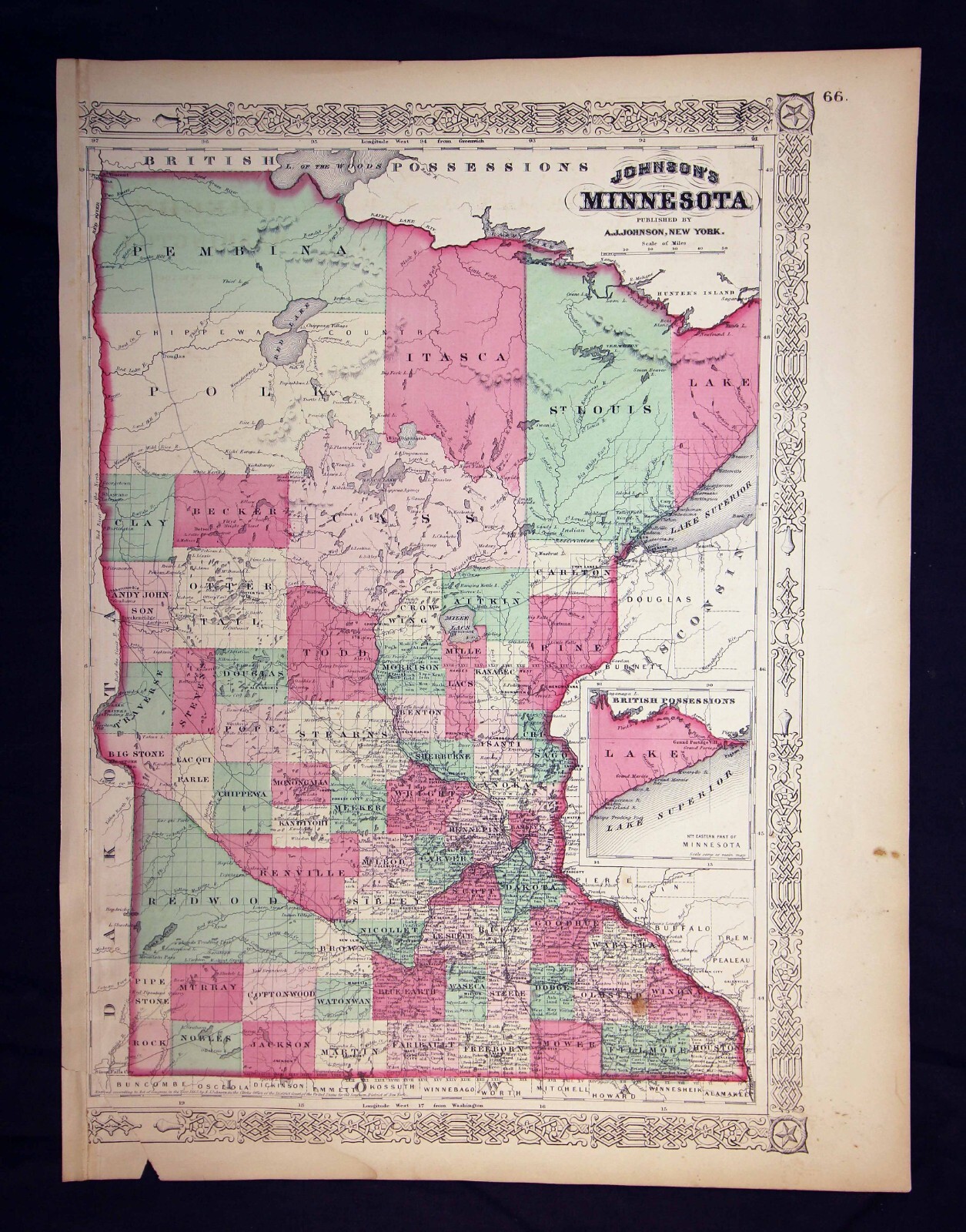 1868 State of Minnesota Color Map Johnson’s Steel Engraving Township Map
