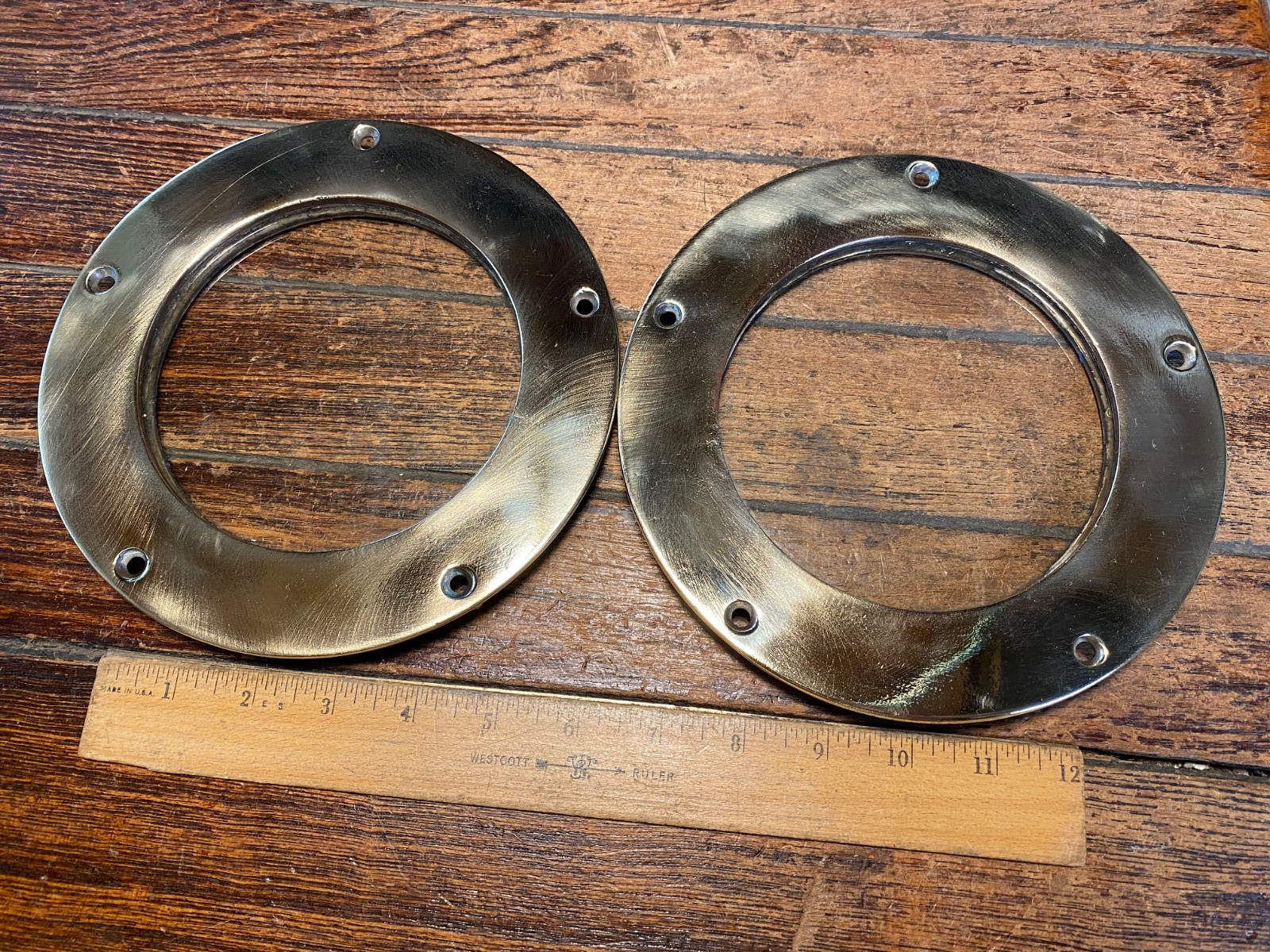 Pair(2) Vintage Polished Bronze Fixed Ports or Deck Deadlight 7 1/2″ OD 5″ Glass