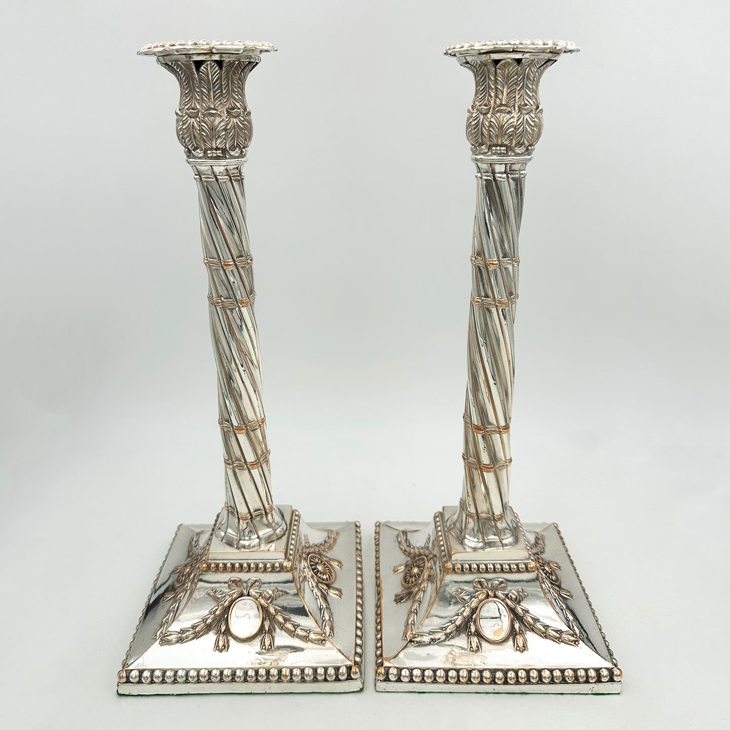 PAIR GEORGE III 12.5″ CANDLESTICKS OLD SHEFFIELD PLATE c1775