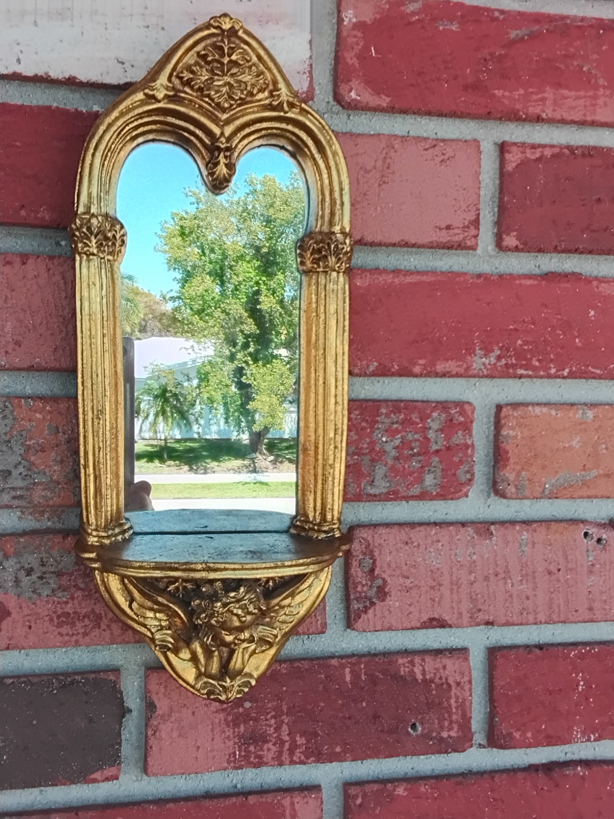 Florentine Wall Mirror Hollywood Regency Italy Rococo Cherub Gilt Wood 14 x 5.5