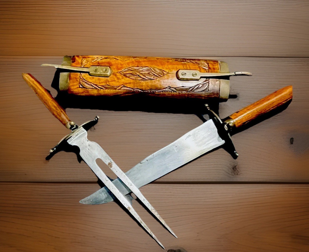 Indian Meat Carving Knife Fork Set Brass Handle Scabbard 18″ Hand Carved Wood