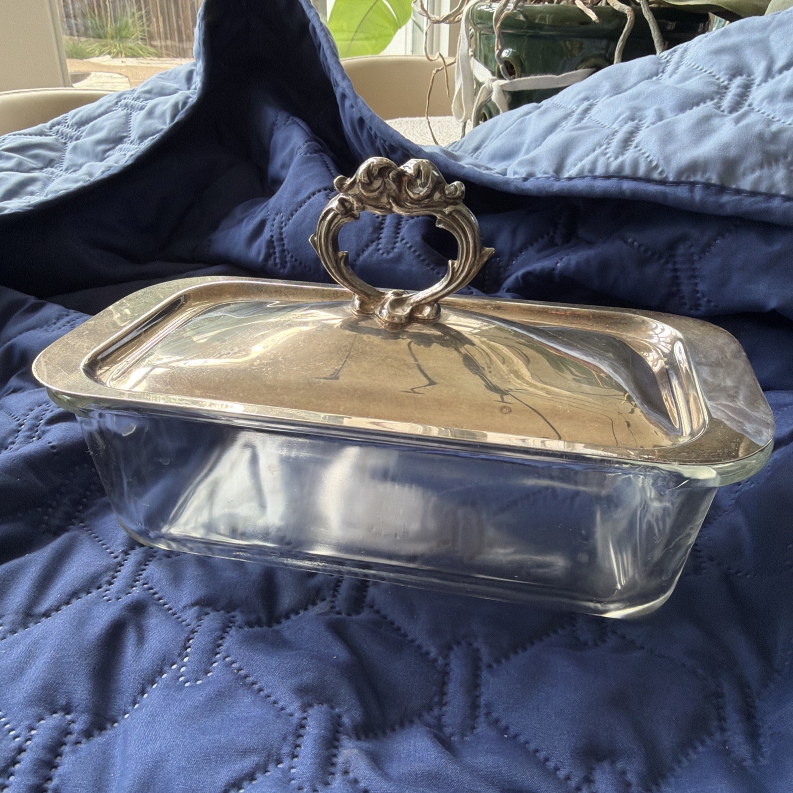 Vintage Baroque Silverplate Silver Lid Loaf Pan Glass Lidded Dish Pyrex